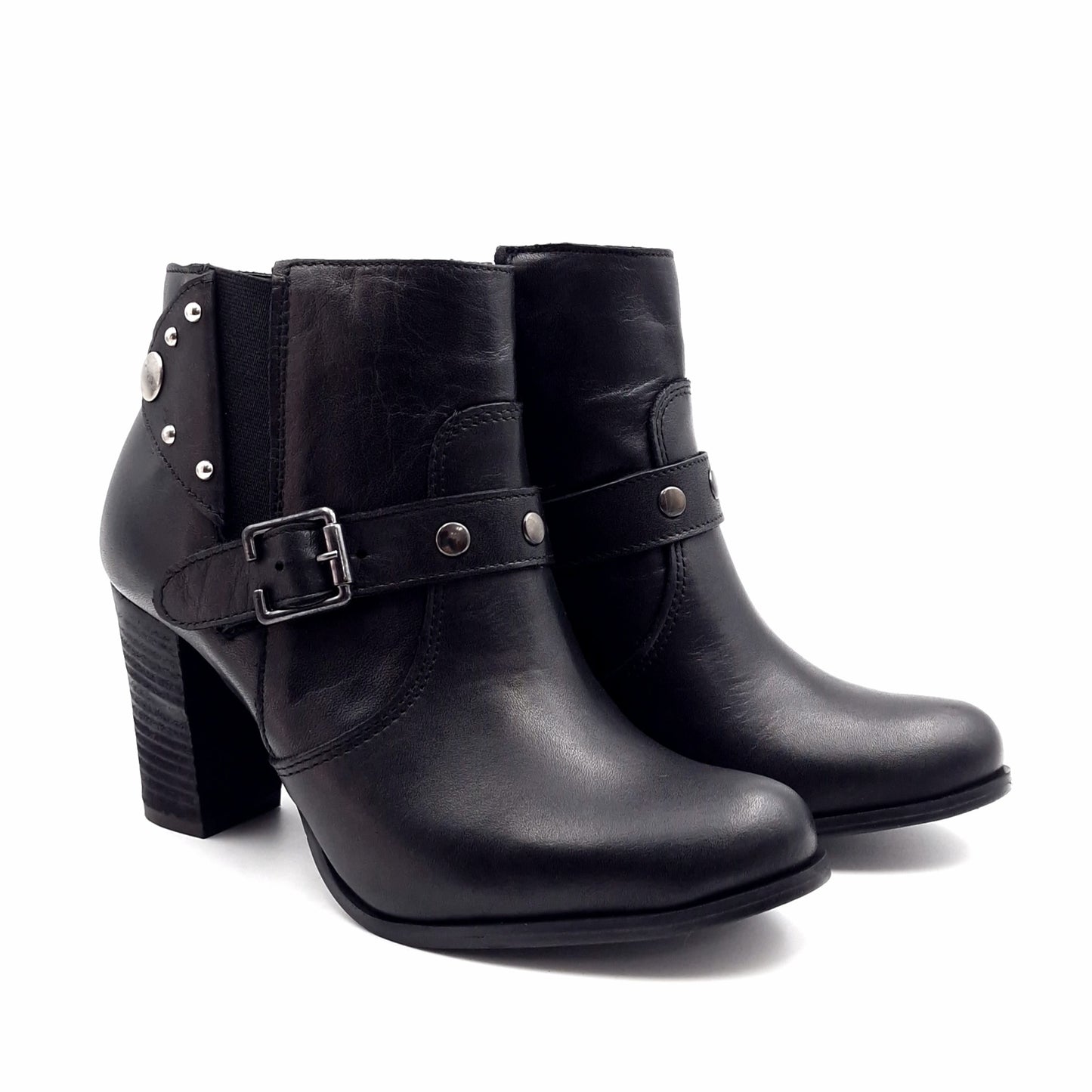 Stivaletto Donna con Tacco Borchie e patta in Pelle Nero