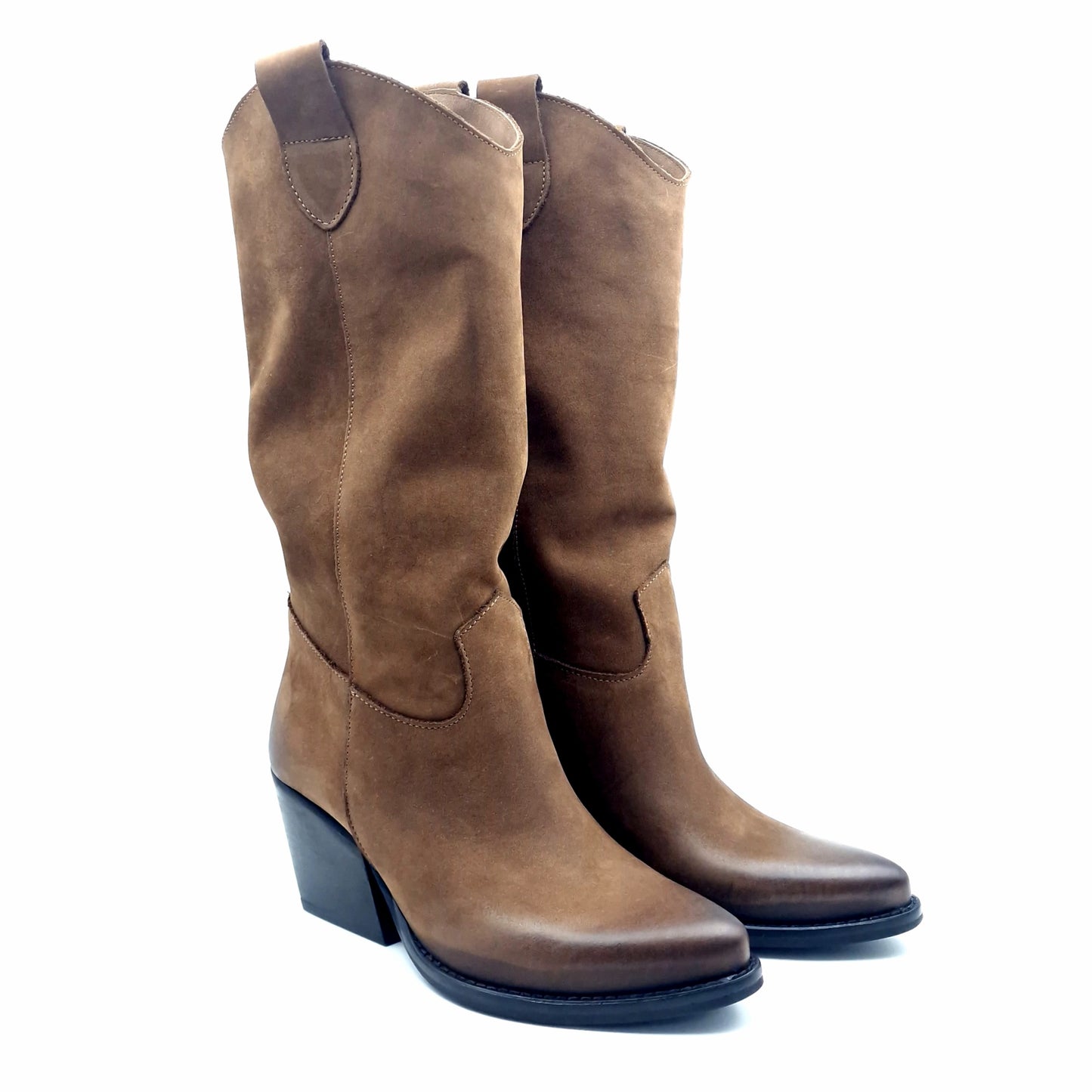 Stivale Donna Texano Tacco 70 in Pelle Nabuk Sigaro