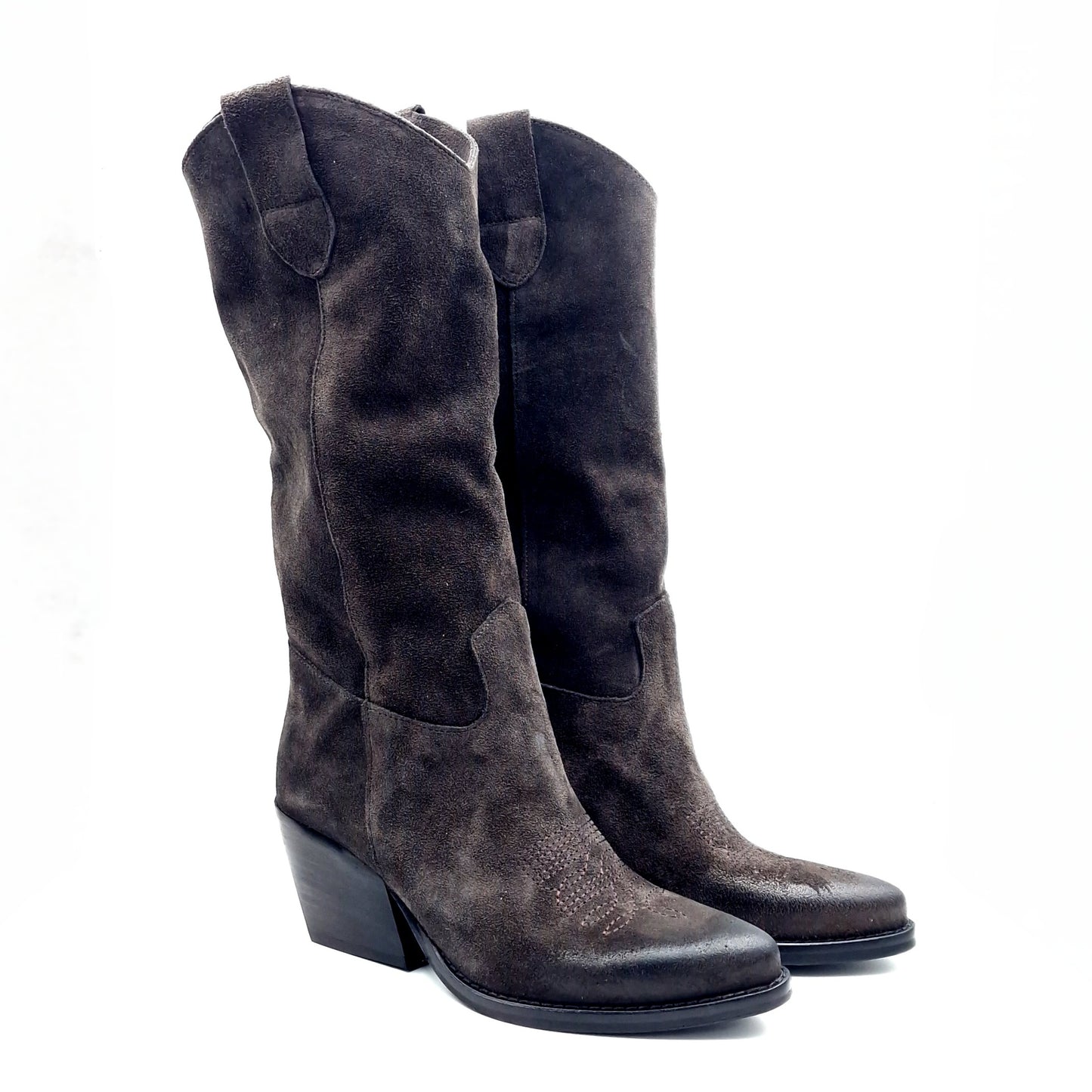 Stivale Donna Texano Tacco 70 in Pelle Scamosciata Marrone