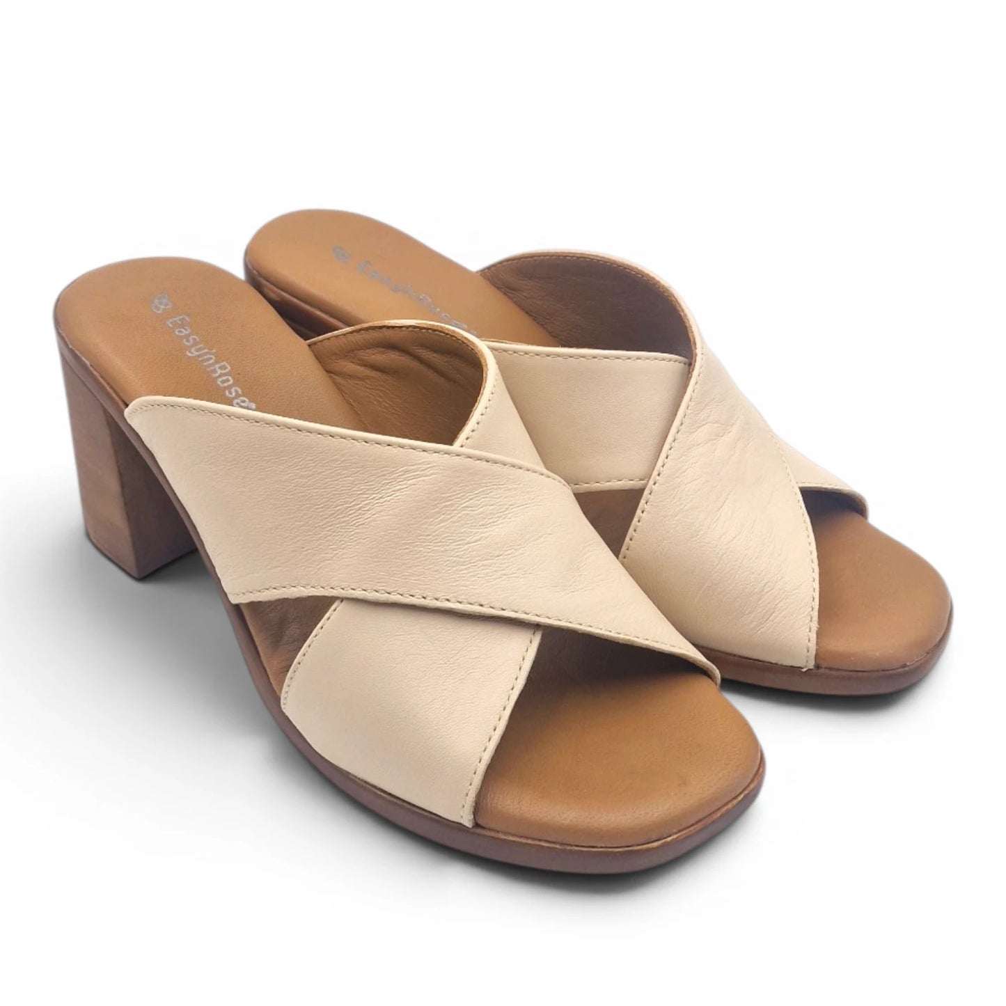 Sandalo Scalzato Donna Fasce incrocio in Pelle Beige con tacco largo e Sottopiede Imbottito Morbido - Comodità ed Eleganza