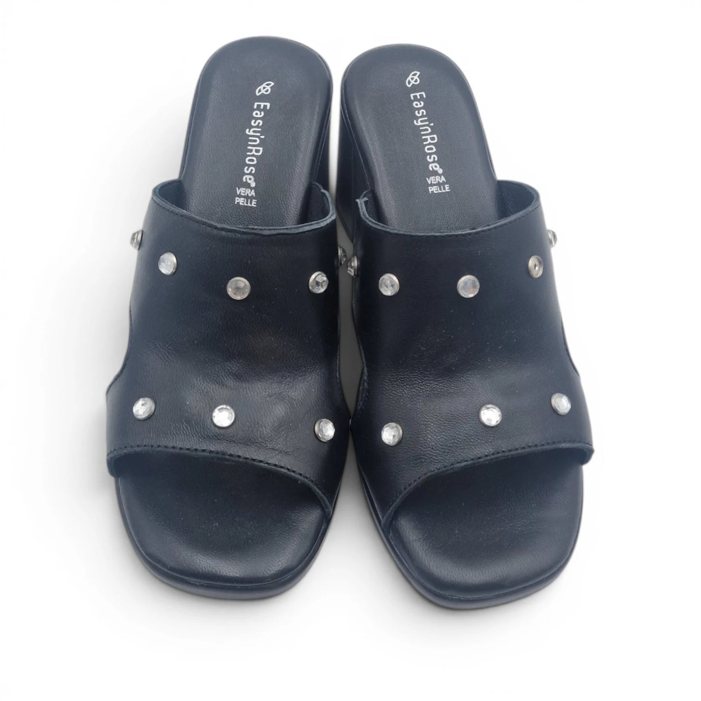 Sandalo Scalzato Donna Fascia con brillantini in Pelle Nero con tacco largo e Sottopiede Imbottito Morbido - Comodità ed Eleganza