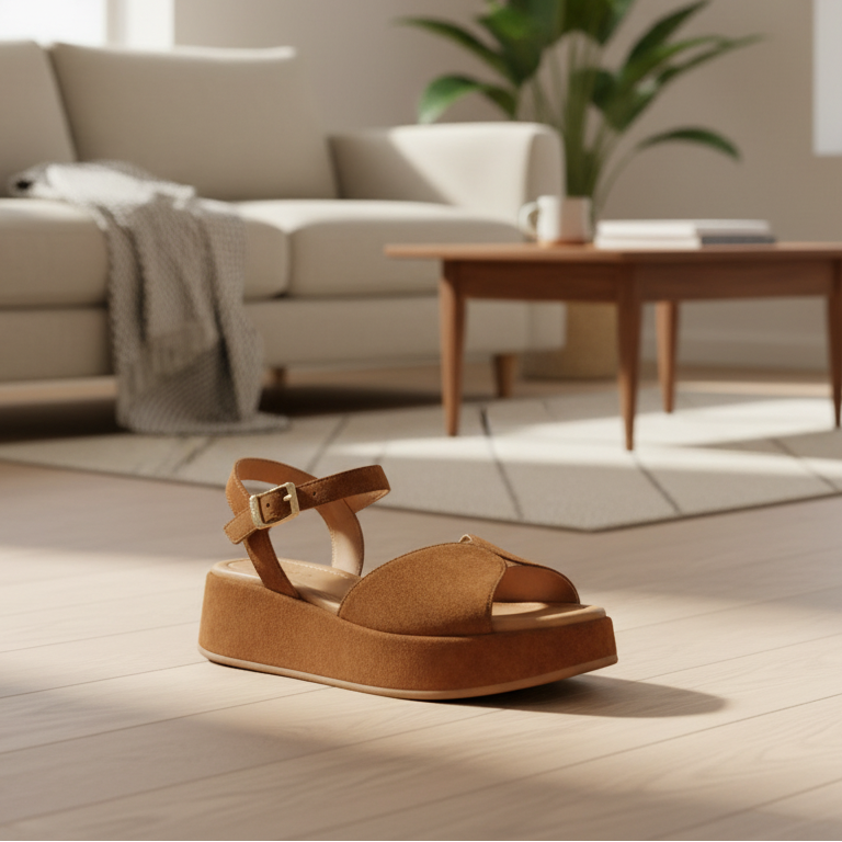 Sandalo Donna Frau in Pelle Scamosciata Cuoio - Zeppa Comoda e Stile Elegante