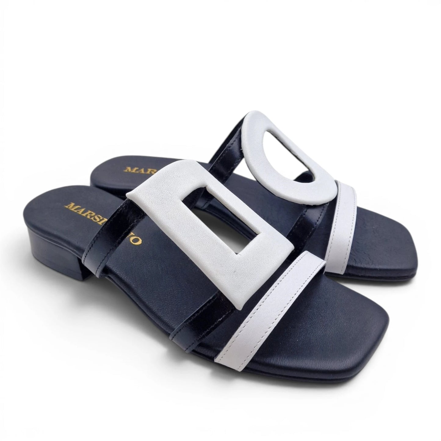 Sandalo Donna Scalzato Scarpine Italiane Greece con Tacco 3 cm in Pelle Nero riporti Bianco con Sottopiede Imbottito