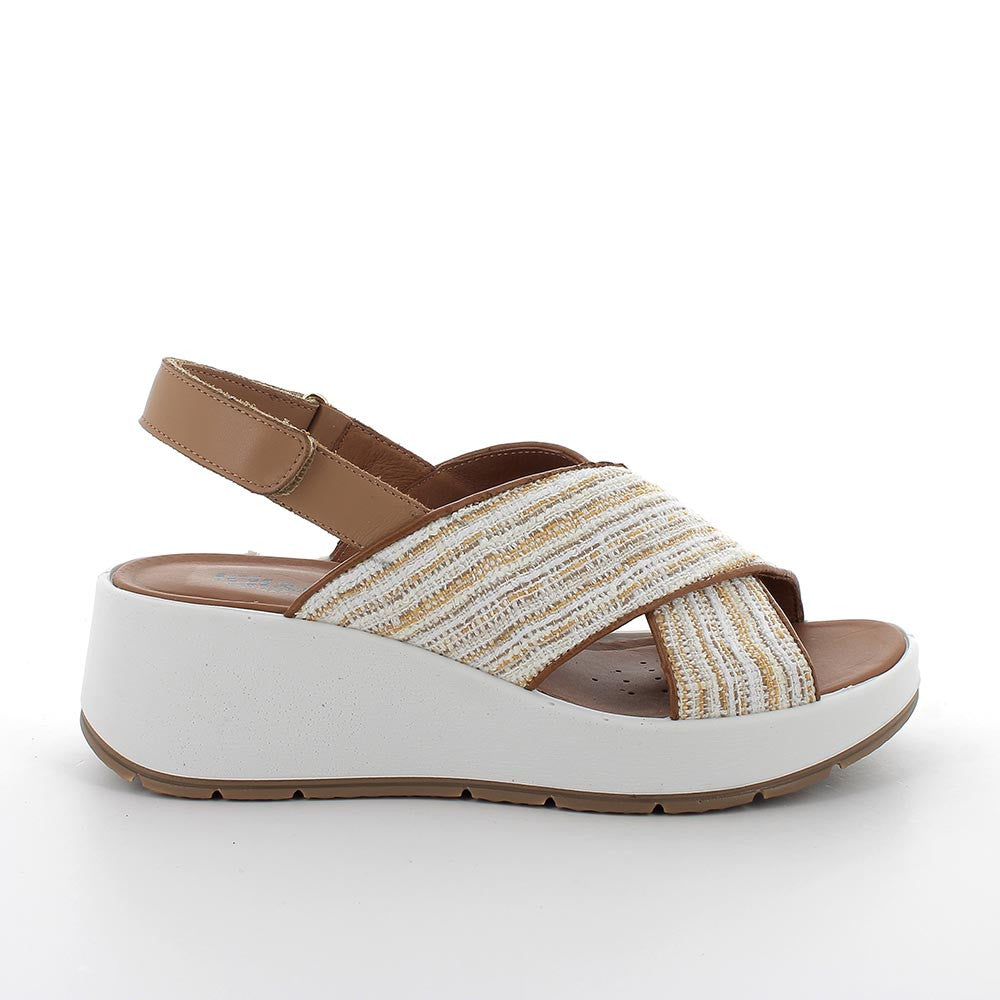Sandalo Donna Igi&co Zeppa Incrocio Tessuto Cuoio/Bianco