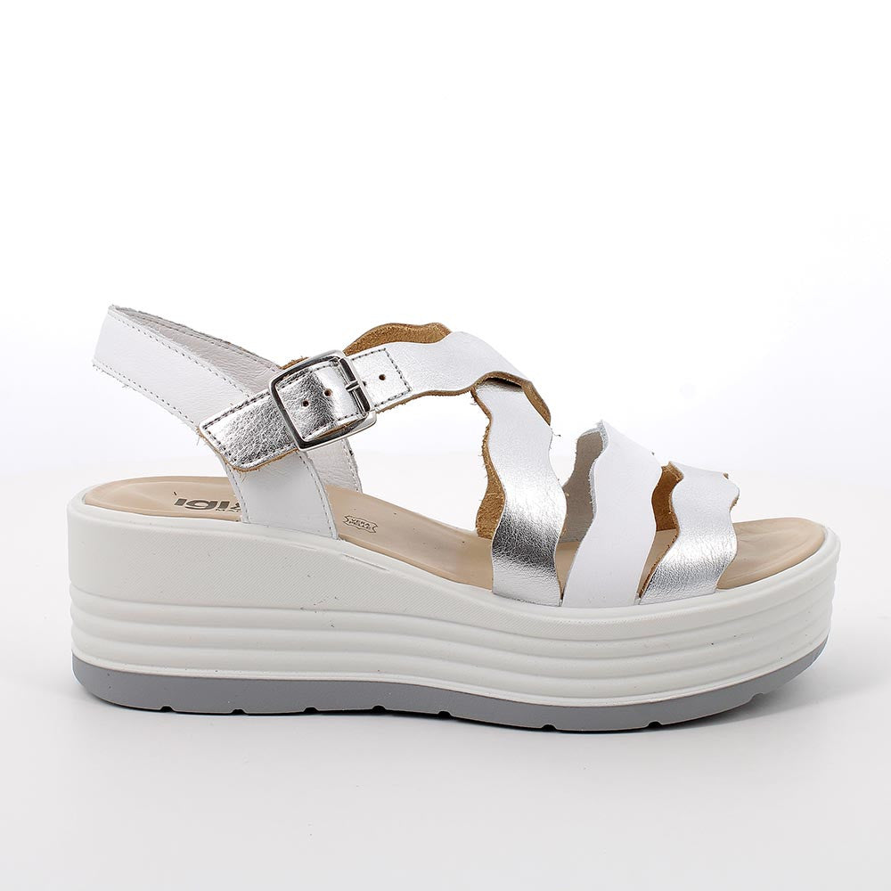 Sandalo Donna Igi&co Zeppa con Fascette ondulate Bianco/Argento