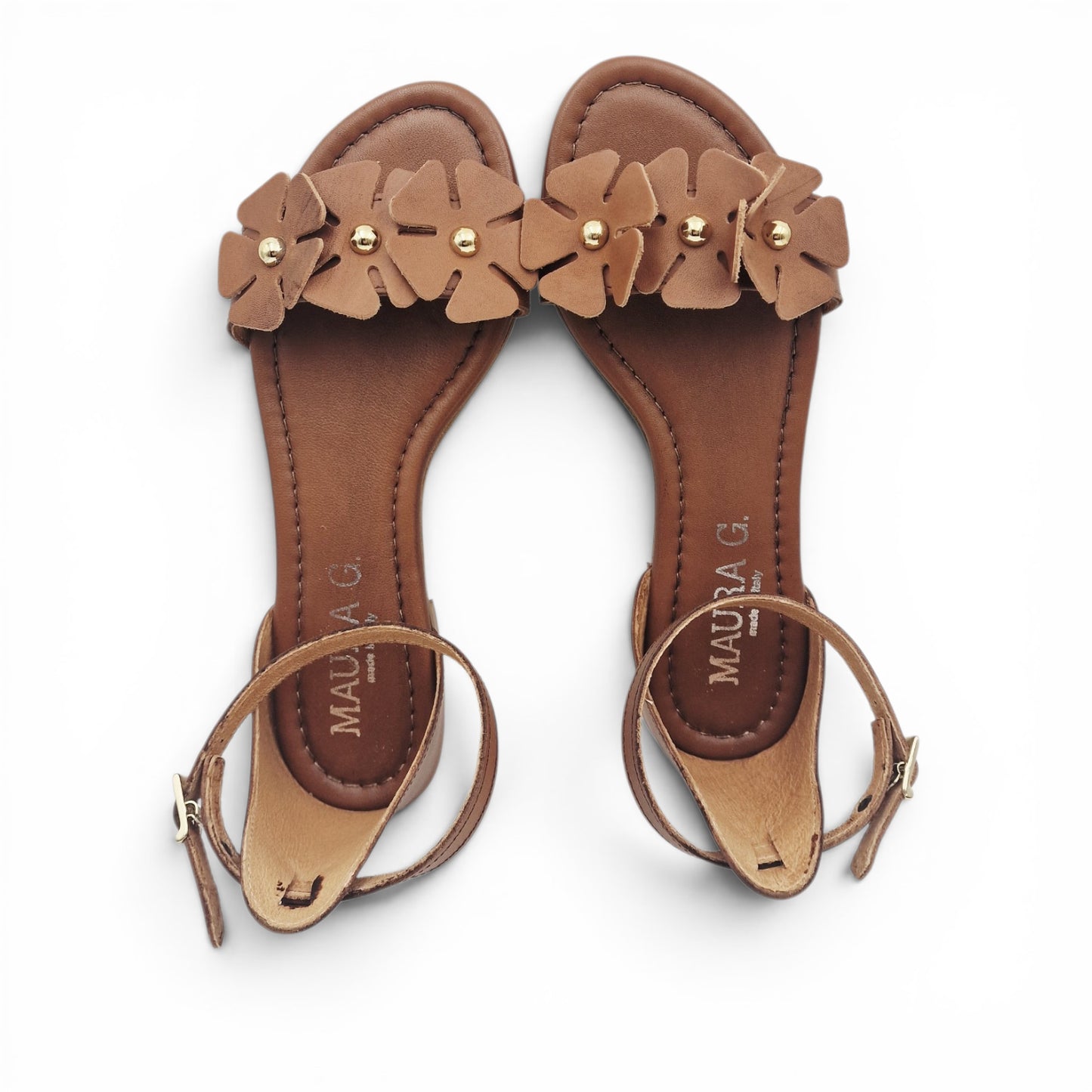 Sandalo Donna Scarpine Italiane Fascia Fiori in Pelle Cuoio con Sottopiede Imbottito