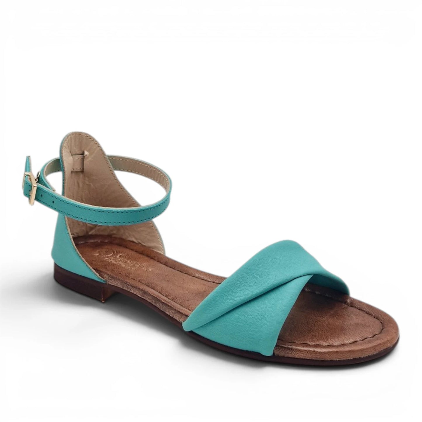 Sandalo Donna Scarpine Italiane Risvolto in Pelle Acqua Marina con Sottopiede Imbottito