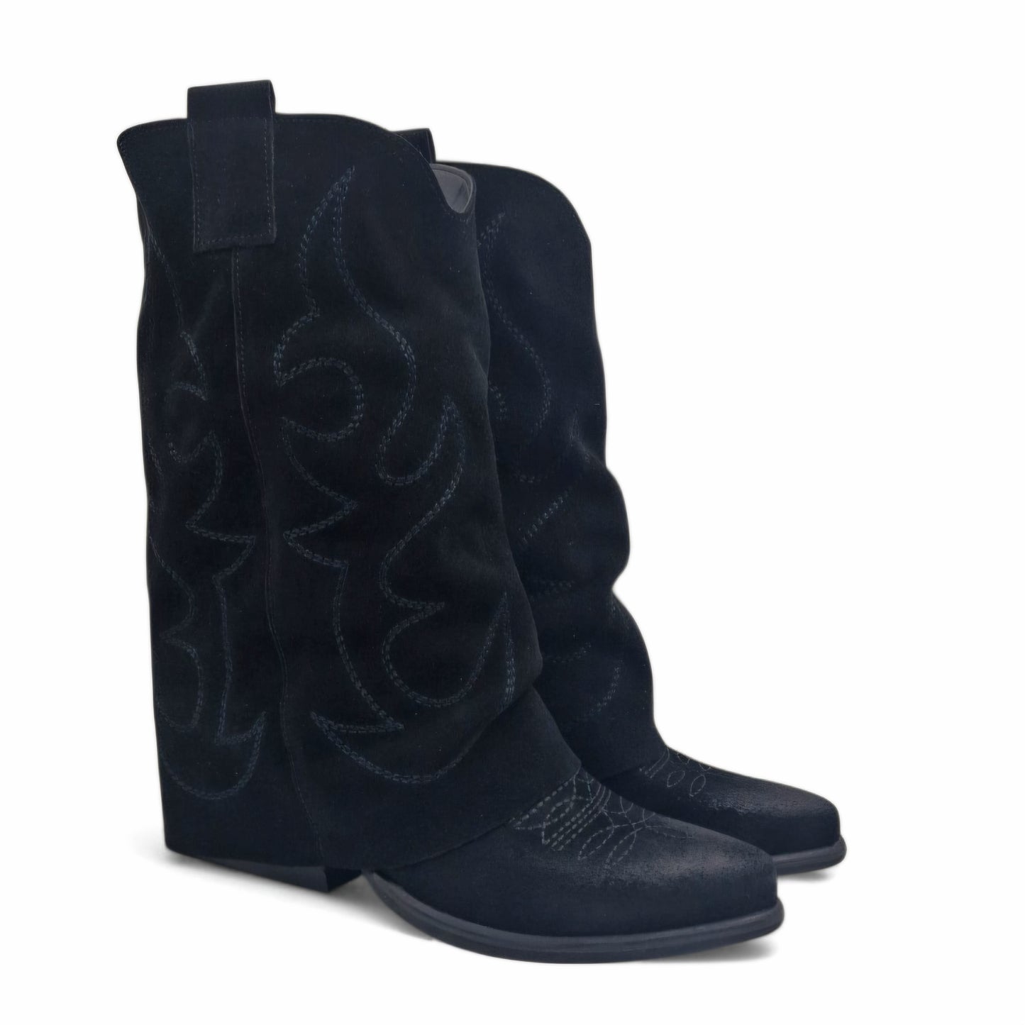 Mezzo Stivale Donna Risvolto Texano in Pelle Scamosciata Nero