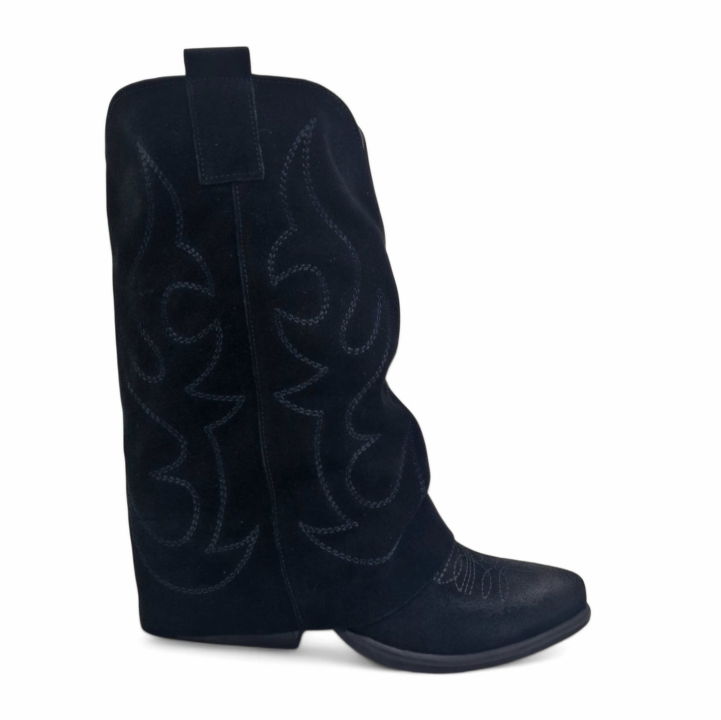 Mezzo Stivale Donna Risvolto Texano in Pelle Scamosciata Nero