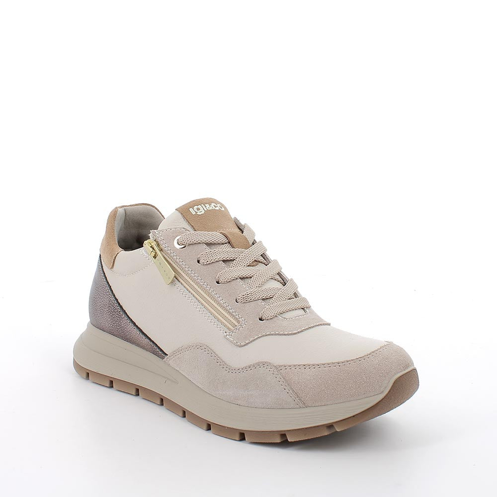Sneakers Donna Igi&Co in Pelle Panna riporti Sabbia
