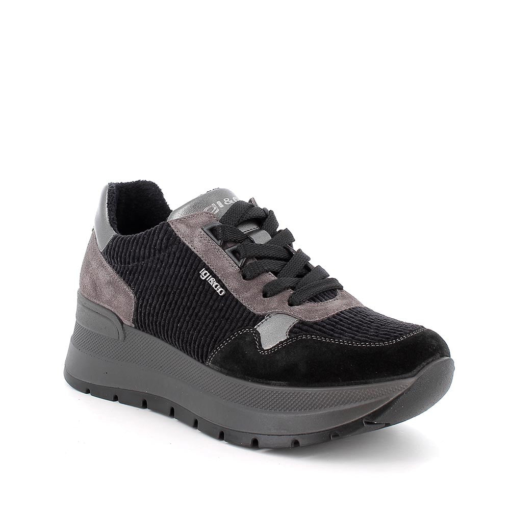 Sneakers Donna Igi&co con Zeppa in Pelle Scamosciata e Tessuto Nero