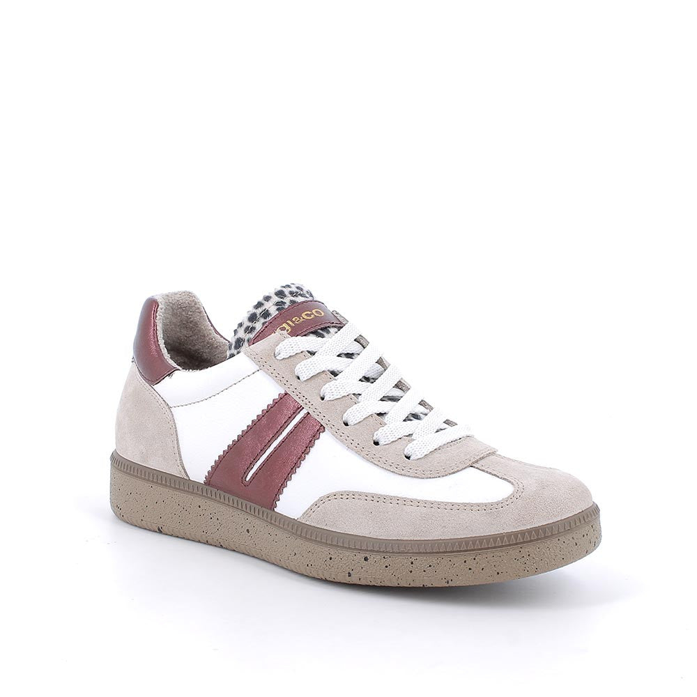 Sneakers Donna Igi&Co in Pelle Bianco e riporti Sabbia/Bordò rialzo interno