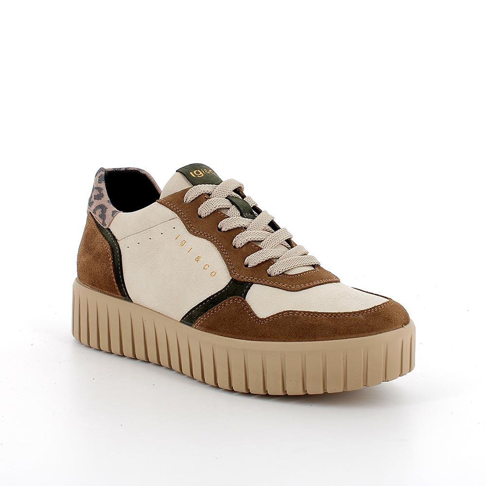Sneakers Donna Igi&Co in Pelle Beige e riporti Cuoio