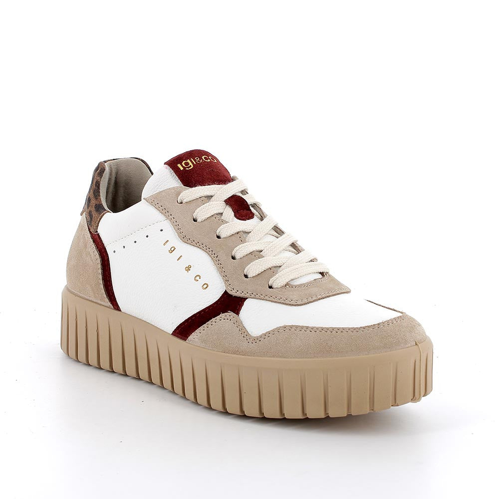 Sneakers Donna Igi&Co in Pelle Bianco e riporti Fango/Bordò