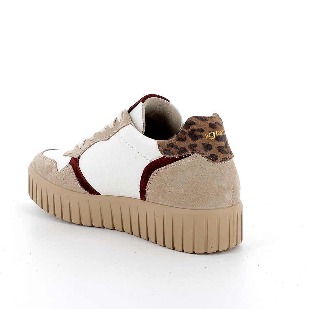 Sneakers Donna Igi&Co in Pelle Bianco e riporti Fango/Bordò