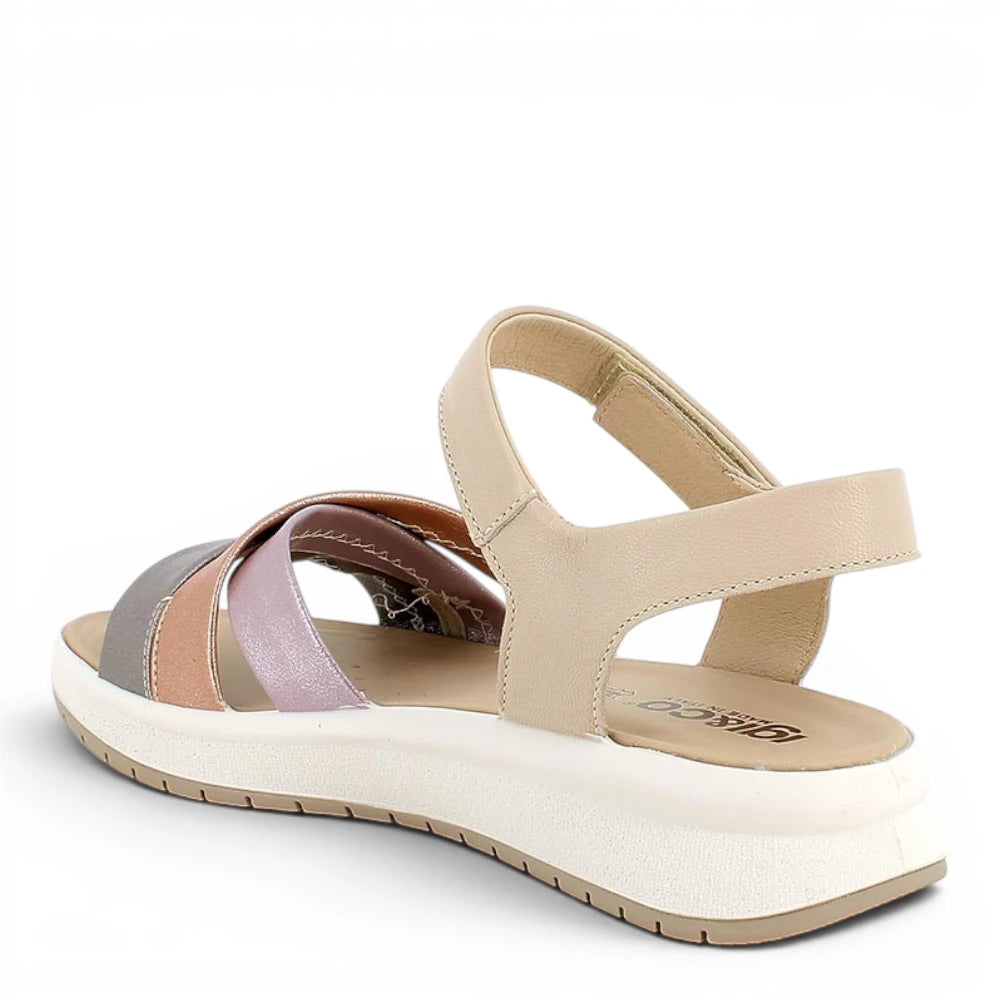 Sandalo Donna Igi&co con fasce intrecciate in Pelle laminata Cipria - Rosa - Piombo - Cinturino a strappo