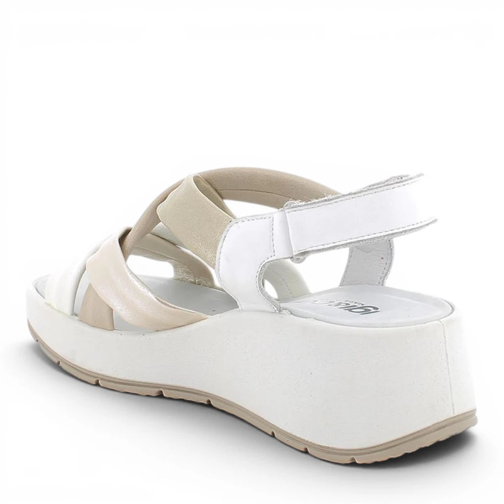 Sandalo Donna Igi&co con Zeppa e fasce in Pelle Beige-Bianco-Platino - Cinturino a strappo