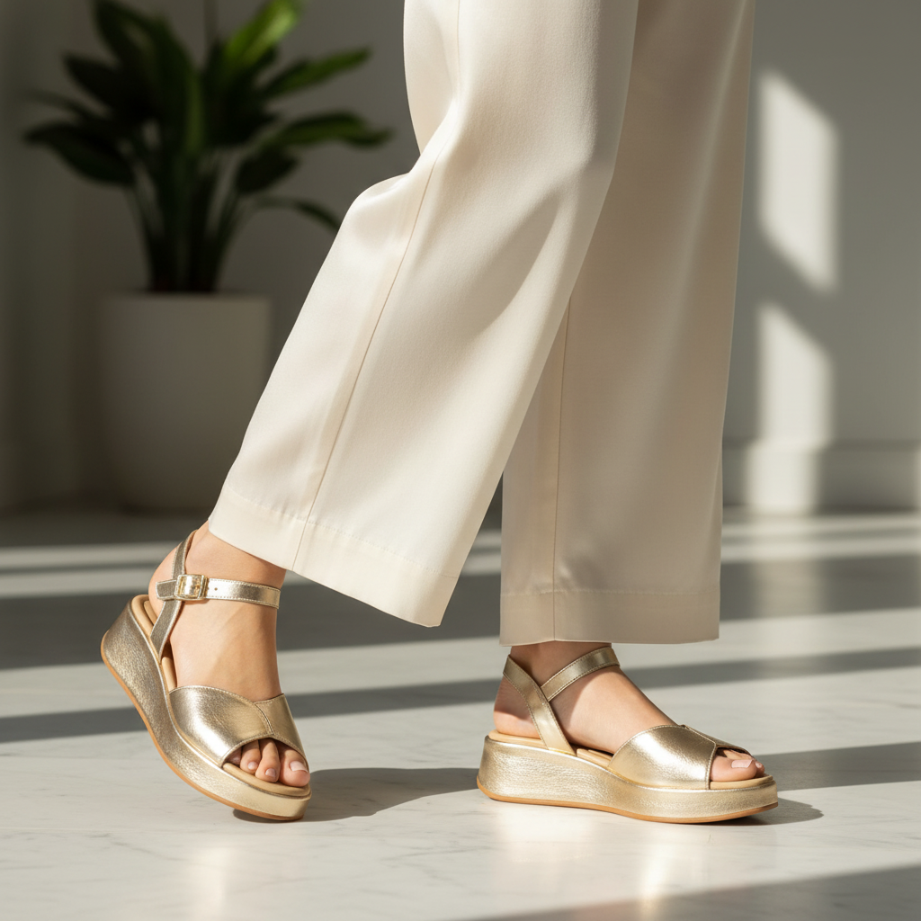 Sandalo Donna Frau in Pelle Laminata Platino - Zeppa Comoda e Stile Elegante