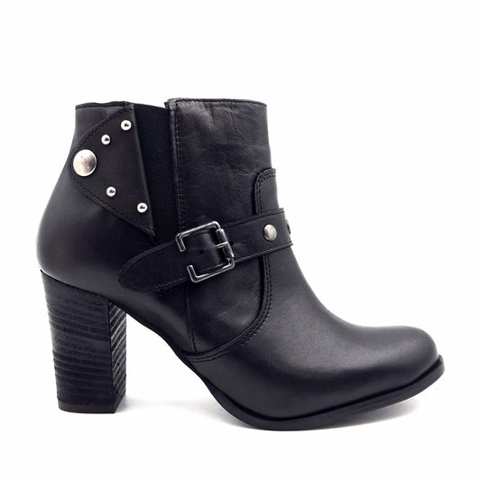 Stivaletto Donna con Tacco Borchie e patta in Pelle Nero