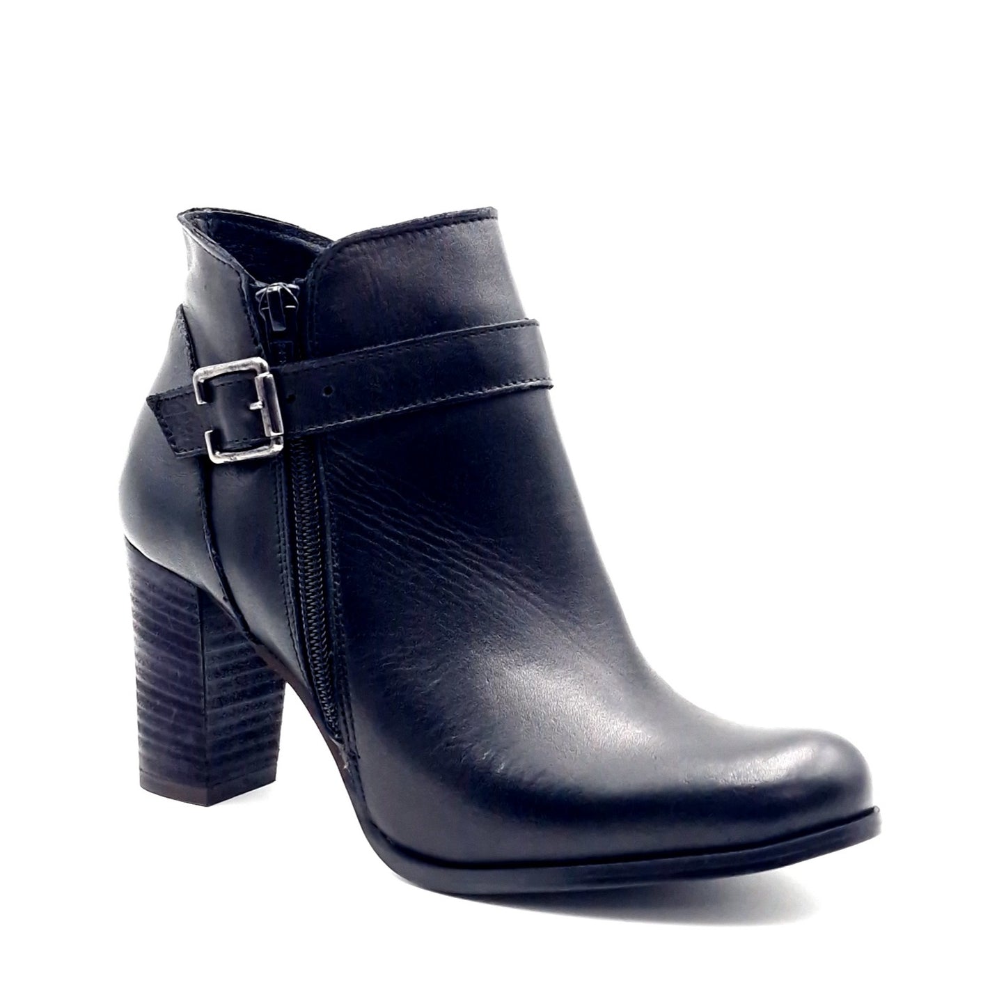 Stivaletto Donna con Tacco Fibbia in Pelle Nero