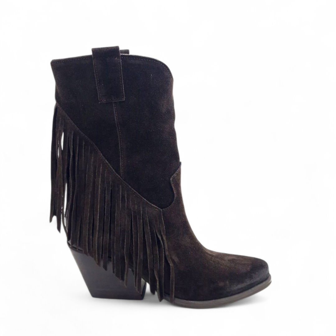 Mezzo Stivale Donna Texano con Frange in Pelle Scamosciata Marrone