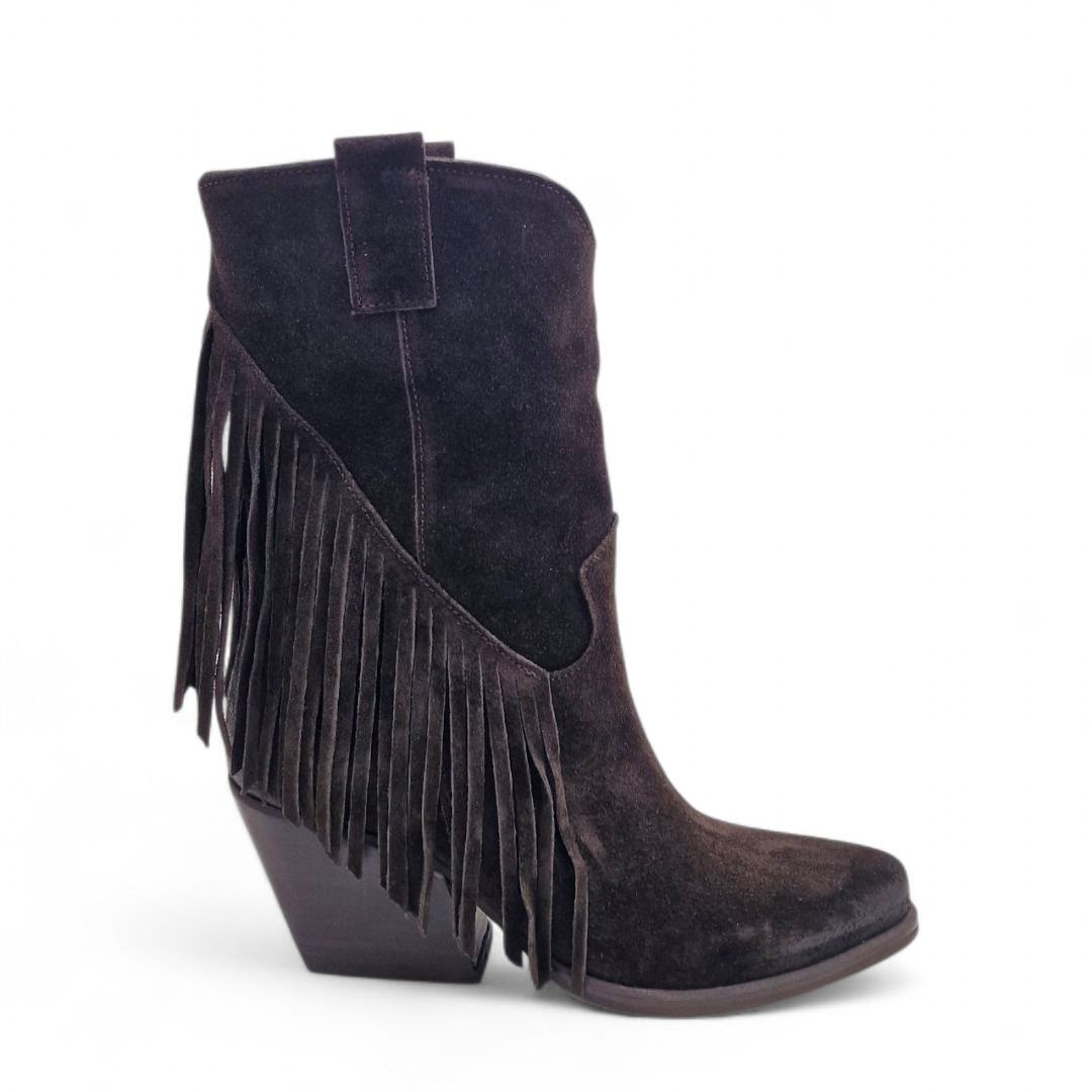 Mezzo Stivale Donna Texano con Frange in Pelle Scamosciata Marrone