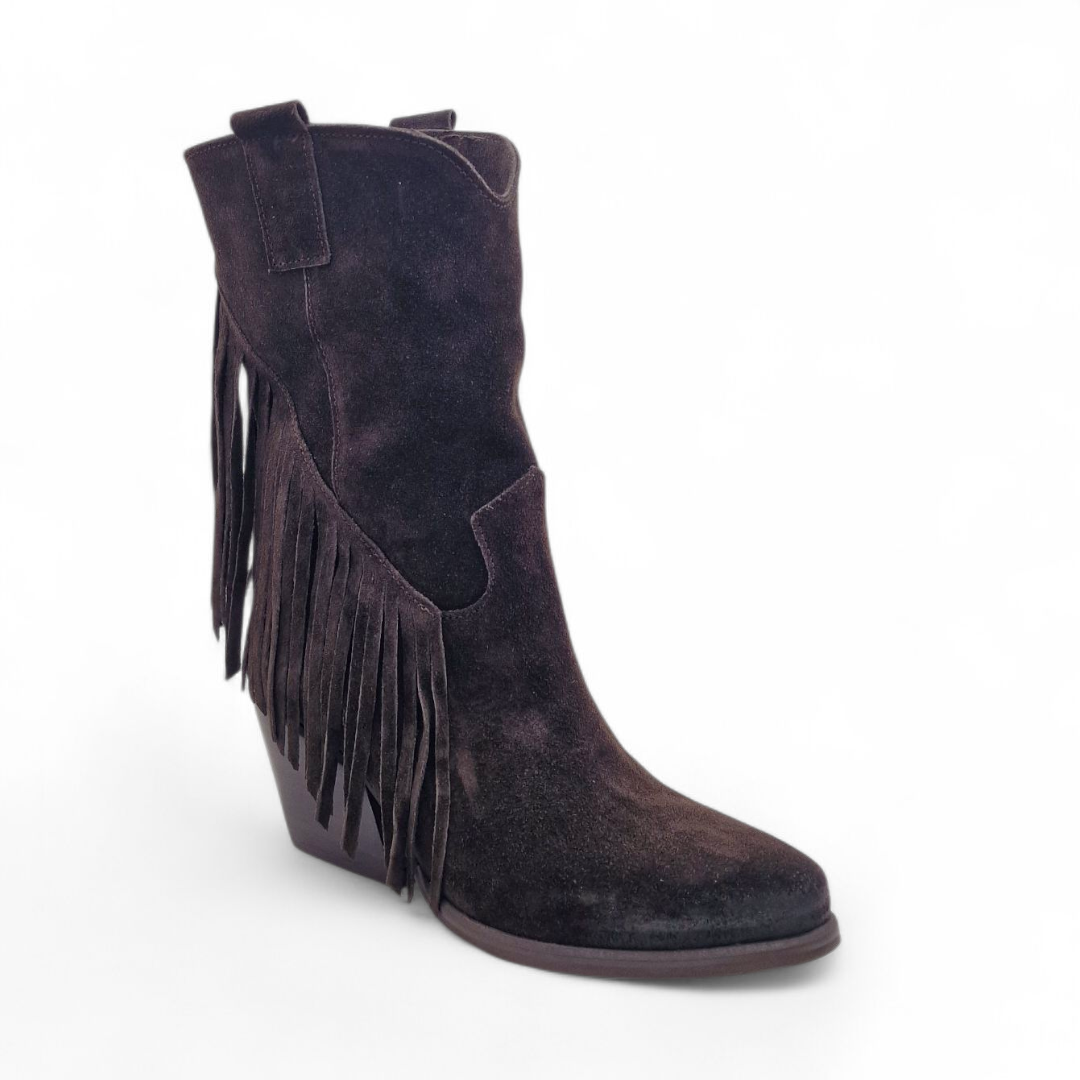 Mezzo Stivale Donna Texano con Frange in Pelle Scamosciata Marrone