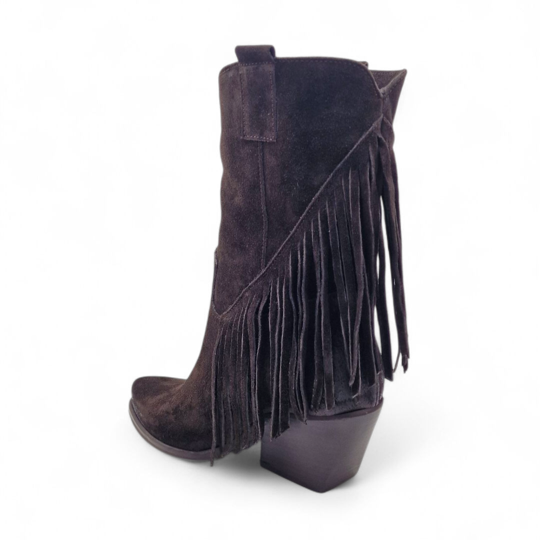 Mezzo Stivale Donna Texano con Frange in Pelle Scamosciata Marrone
