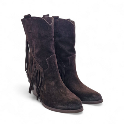 Mezzo Stivale Donna Texano con Frange in Pelle Scamosciata Marrone