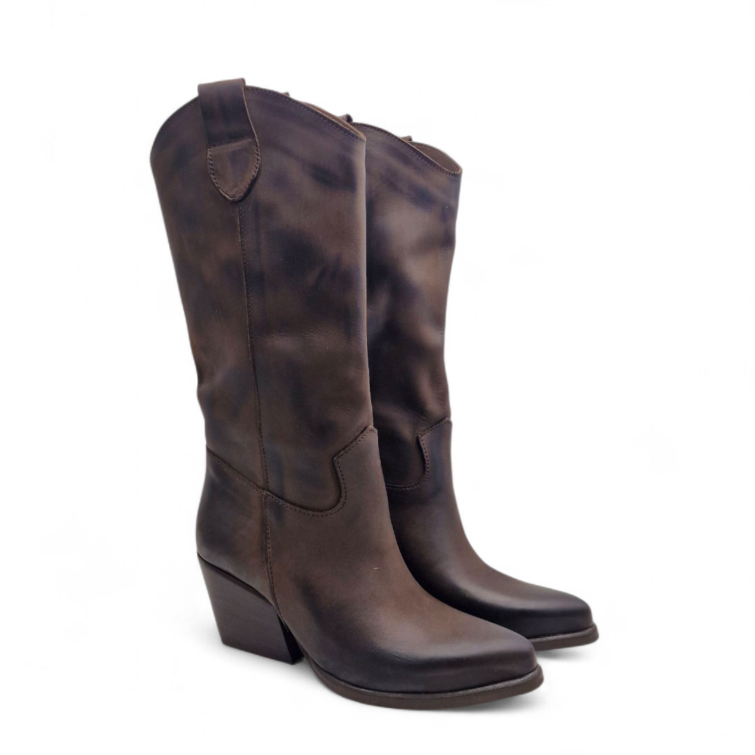 Stivale Donna Texano Tacco 70 in Pelle Nabuk Marrone