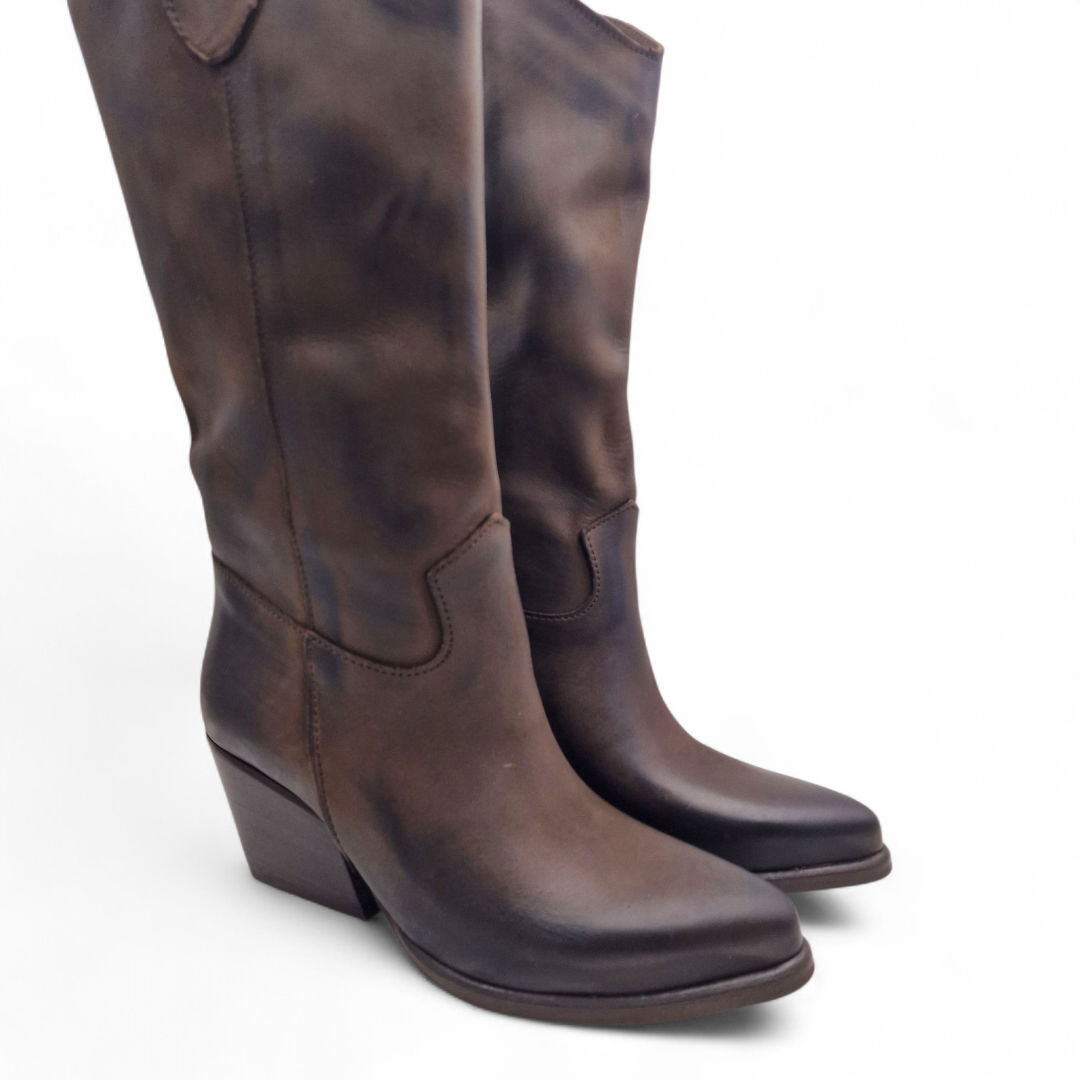 Stivale Donna Texano Tacco 70 in Pelle Nabuk Marrone
