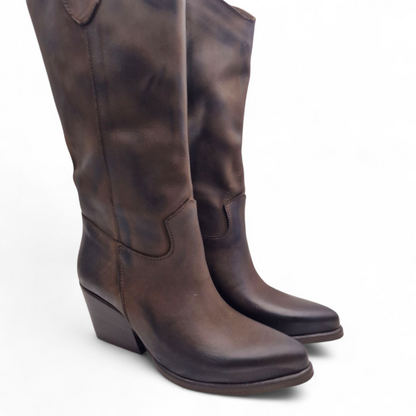 Stivale Donna Texano Tacco 70 in Pelle Nabuk Marrone