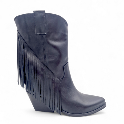 Mezzo Stivale Donna Texano con Frange in Pelle Nero