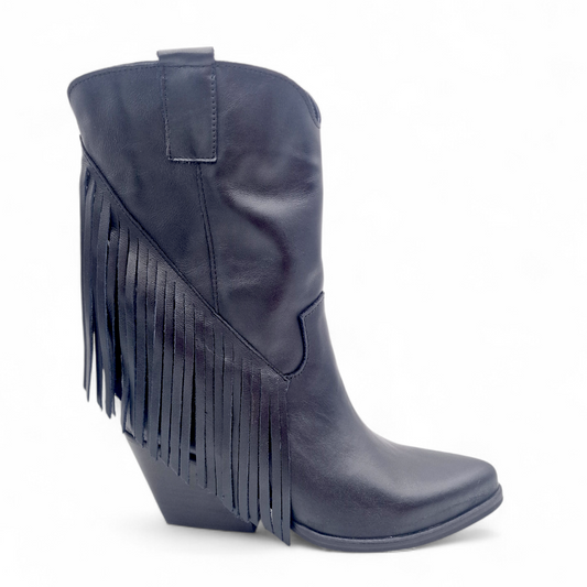 Mezzo Stivale Donna Texano con Frange in Pelle Nero
