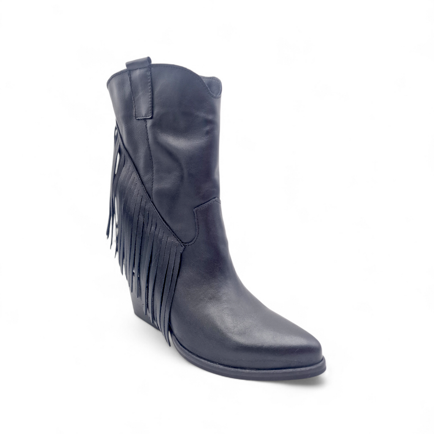 Mezzo Stivale Donna Texano con Frange in Pelle Nero