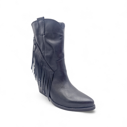 Mezzo Stivale Donna Texano con Frange in Pelle Nero