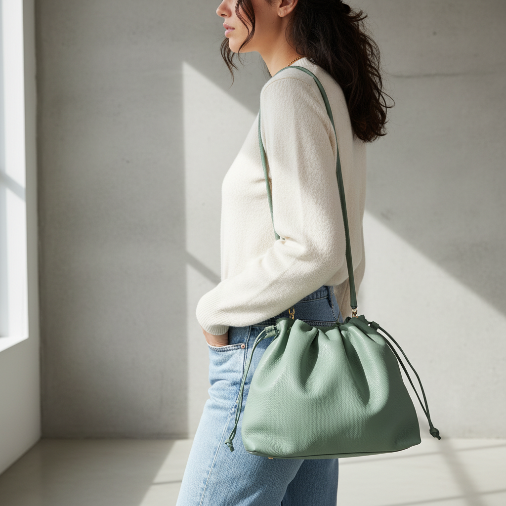 Borsa a Spalla in Pelle Irina con Chiusura a Coulisse e Tracolla