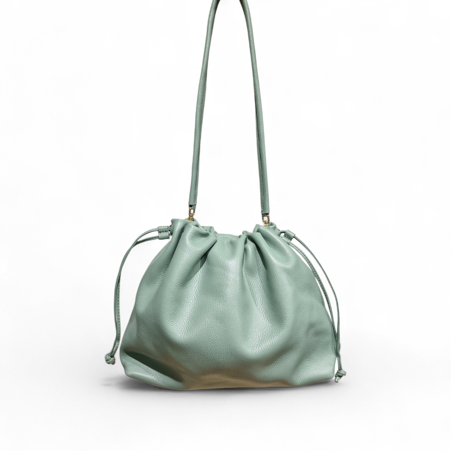 Borsa donna a sacchetto in pelle morbida con tracolla, design artigianale con chiusura a coulisse