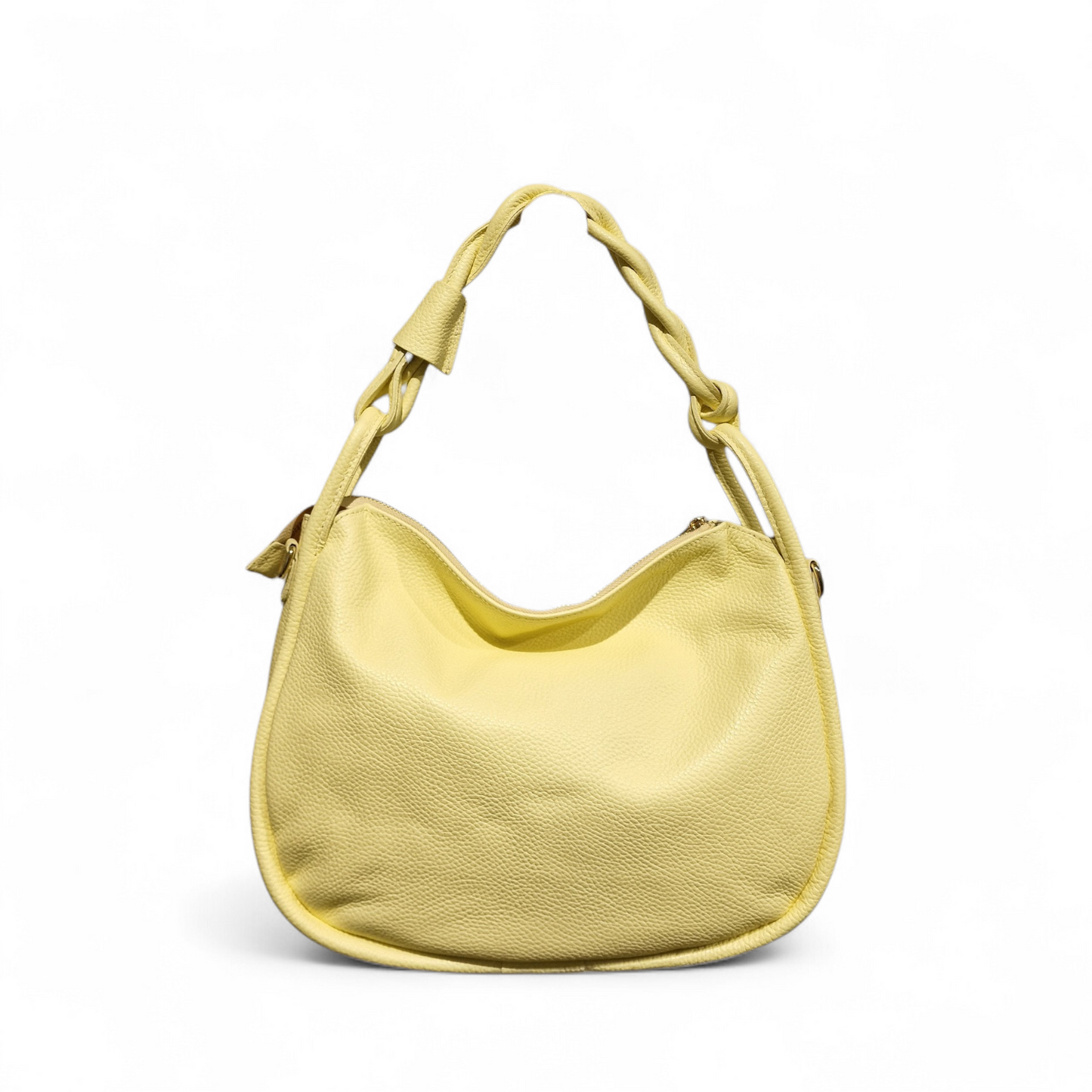 Borsa donna hobo a spalla in pelle dollaro giallo limone con manico intrecciato artigianale e tracolla removibile, Made in Italy.