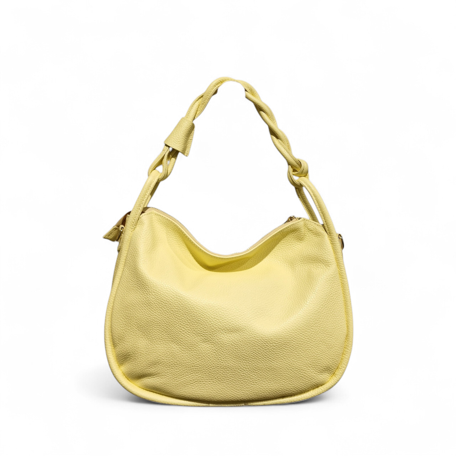 Borsa donna hobo a spalla in pelle dollaro giallo limone con manico intrecciato artigianale e tracolla removibile, Made in Italy.