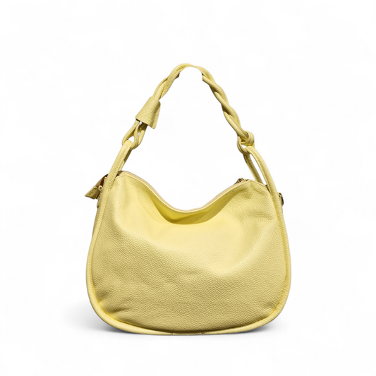 Borsa donna hobo a spalla in pelle dollaro giallo limone con manico intrecciato artigianale e tracolla removibile, Made in Italy.