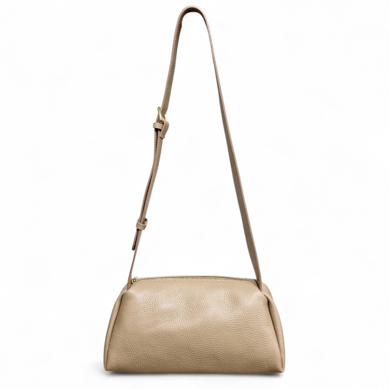 Borsa donna a tracolla rettangolare in pelle dollaro beige, chiusura a zip e tracolla regolabile, design artigianale italiano.