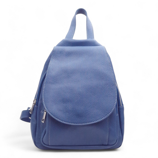 Zaino donna in pelle blu dollaro multi-tasche con doppie zip e patta frontale, zainetto artigianale italiano capiente.