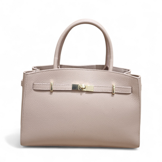 Borsa donna a mano elegante in pelle dollaro cipria con chiusura dorata a girello e tracolla, artigianato italiano.