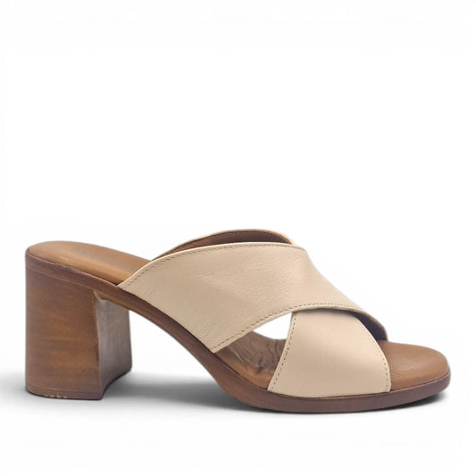Sandalo Scalzato Donna Fasce incrocio in Pelle Beige con tacco largo e Sottopiede Imbottito Morbido - Comodità ed Eleganza