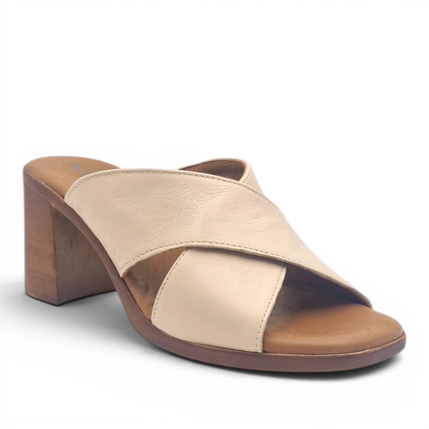 Sandalo Scalzato Donna Fasce incrocio in Pelle Beige con tacco largo e Sottopiede Imbottito Morbido - Comodità ed Eleganza