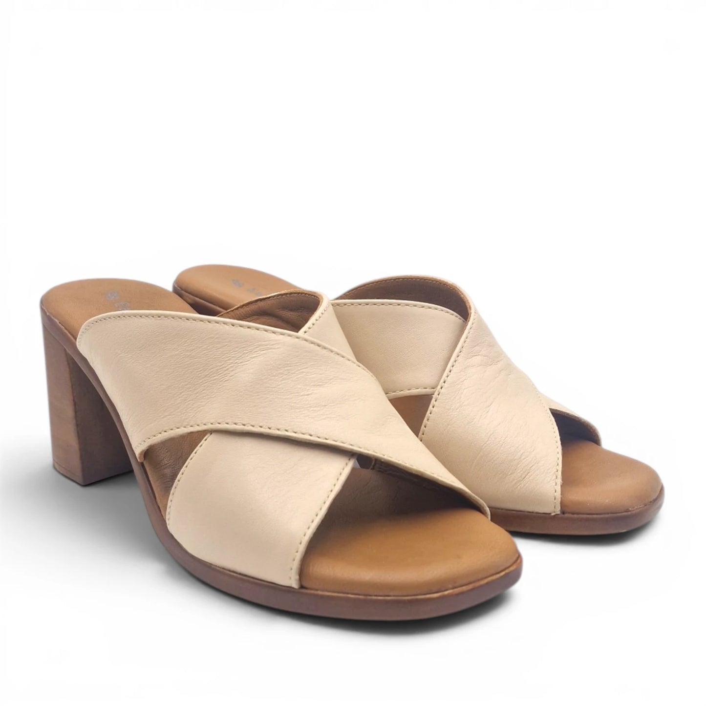 Sandalo Scalzato Donna Fasce incrocio in Pelle Beige con tacco largo e Sottopiede Imbottito Morbido - Comodità ed Eleganza