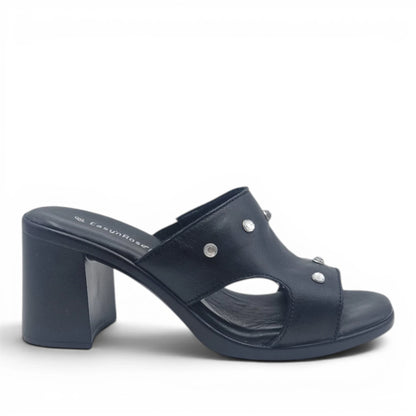 Sandalo Scalzato Donna Fascia con brillantini in Pelle Nero con tacco largo e Sottopiede Imbottito Morbido - Comodità ed Eleganza