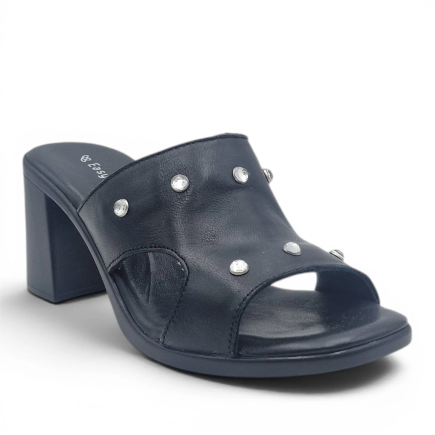 Sandalo Scalzato Donna Fascia con brillantini in Pelle Nero con tacco largo e Sottopiede Imbottito Morbido - Comodità ed Eleganza