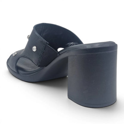 Sandalo Scalzato Donna Fascia con brillantini in Pelle Nero con tacco largo e Sottopiede Imbottito Morbido - Comodità ed Eleganza